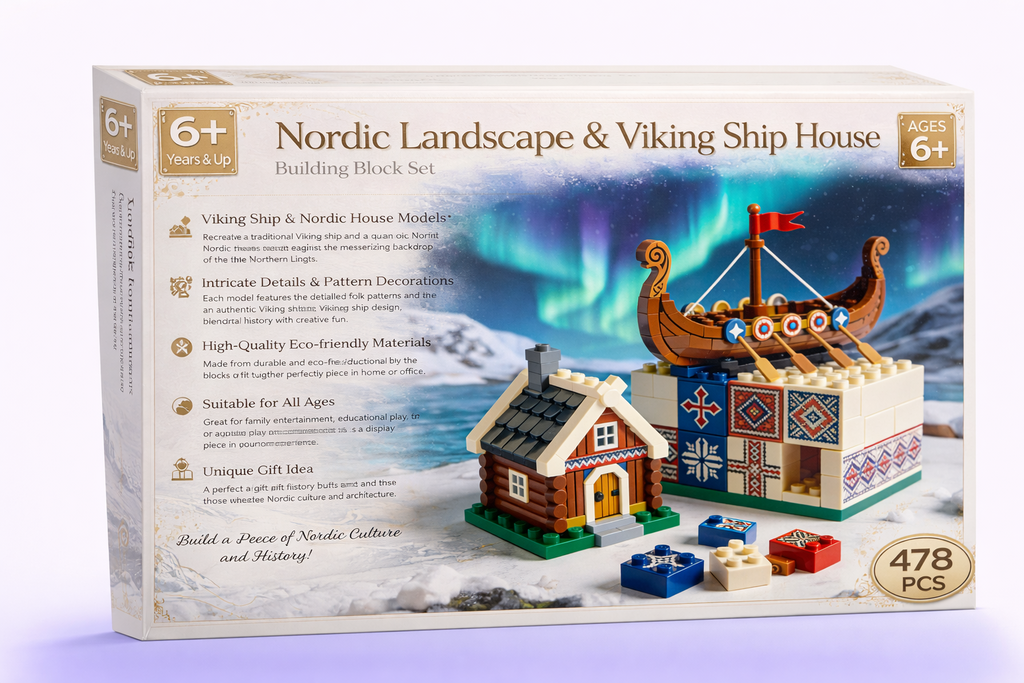 Nordic Landscape and Viking Ship House Building Block Set